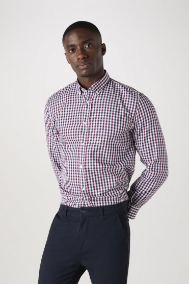 SJ Men's Long Sleeve Check Shirt, Red/Navy