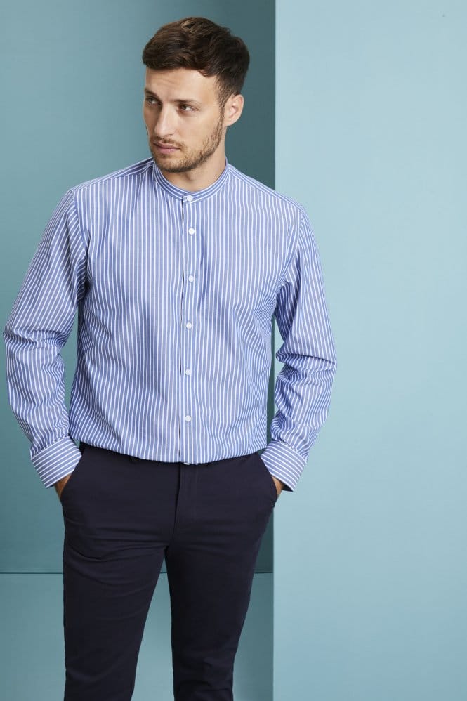 SJ Men's Long Sleeve Mandarin Collar Shirt, Navy Stripe