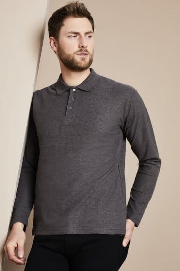 SJ Men's Long Sleeve Polycotton Polo Shirt, Charcoal