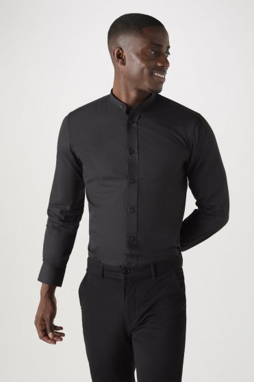 SJ Men's Long Sleeve Shirt with Grandad Collar, Black