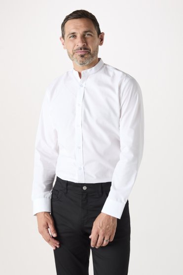 SJ Men's Long Sleeve Shirt with Grandad Collar, White