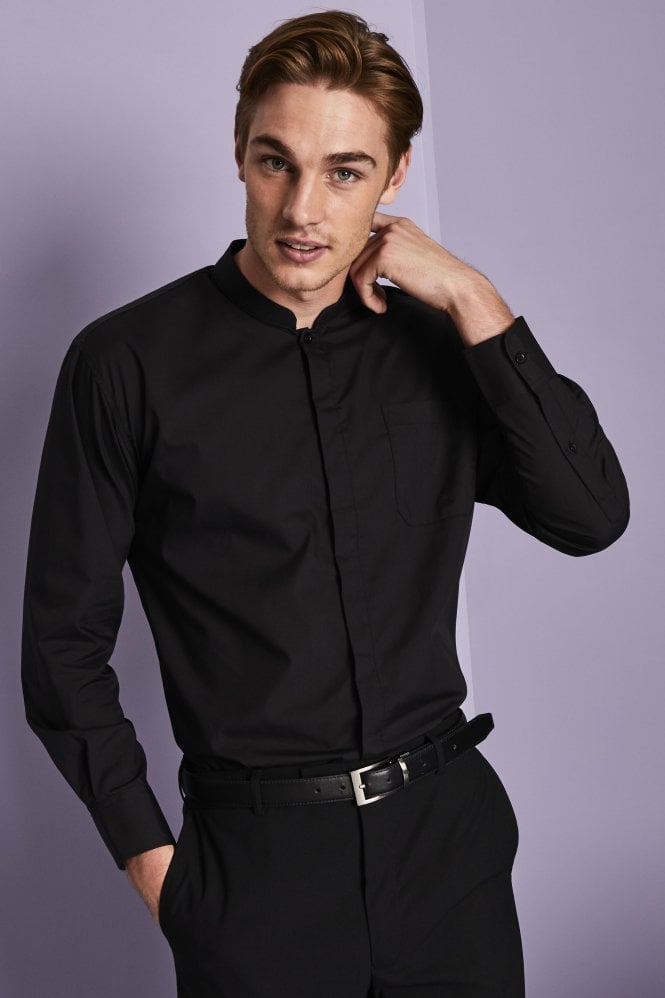 SJ Men's Long sleeve Shirt with Mandarin Collar, Black