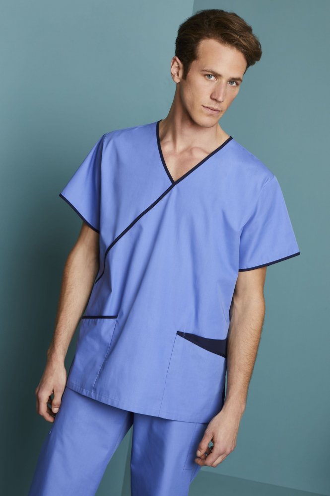 SJ Men's Mock Wrap Scrub Top, Metro Blue/Navy