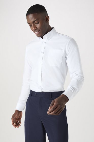 SJ Men's Oxford Long Sleeve Shirt with Button Down Collar, White