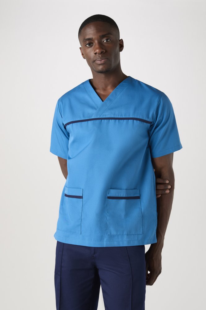 SJ Men's Pull-On Scrub Top, Teal/Navy