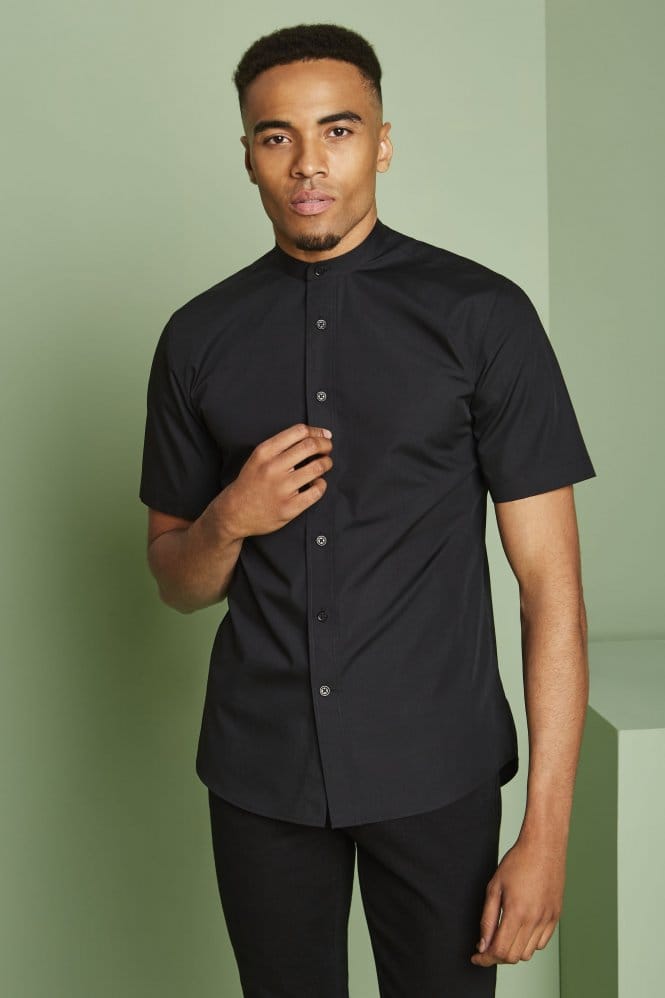 SJ Men's Short Sleeve Shirt with Grandad Collar, Black