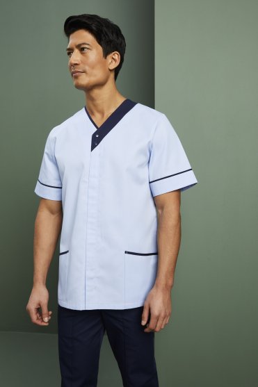 SJ Men's Zip Front Healthcare Tunic, Sky Blue/Navy