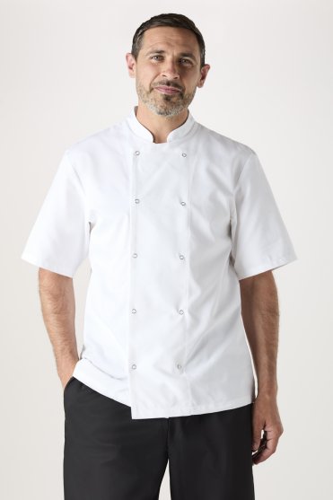 SJ Unisex Lightweight Short Sleeve 'CoolMax' Popper Chef's Jacket, White