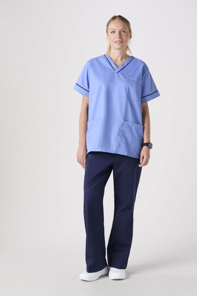 SJ Unisex Smart Scrub Top, Metro Blue With Navy Trim