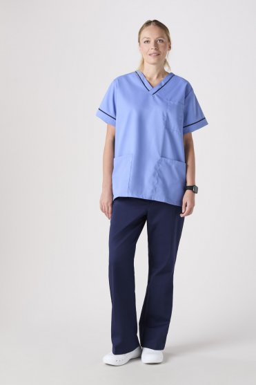 SJ Unisex Smart Scrub Top, Metro Blue With Navy Trim