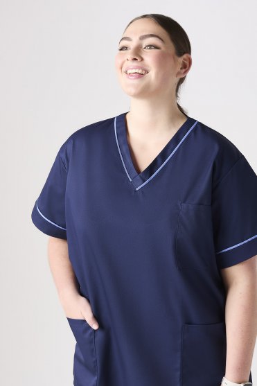 SJ Unisex Smart Scrub Top, Navy with Metro Blue Trim