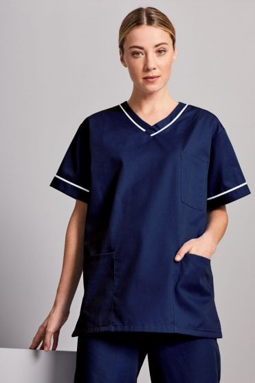 SJ Unisex Smart Scrub Top, Navy with White Trim