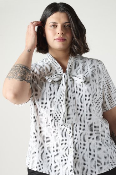 SJ Women's Breathable Low Tie Neck Print Blouse, Cream Wavy Spot