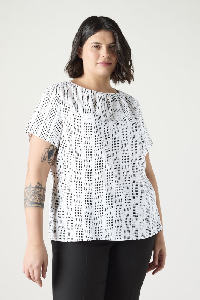 SJ Women's Breathable Pleat Neck Print Blouse, Cream Wavy Spot