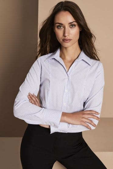 SJ Women's Business Stripe Shirt, White Blue Stripe