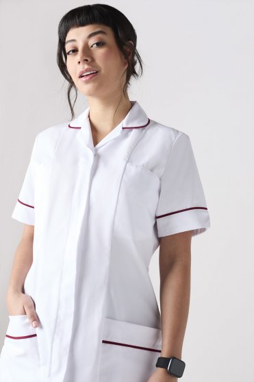 SJ Women's Healthcare Tunic, White/Burgundy
