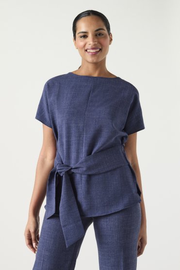 SJ Women's Linen Blend Tie Tunic, Navy