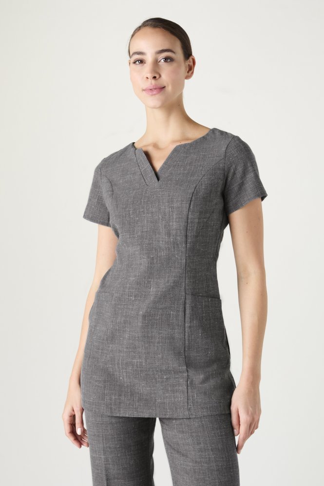 SJ Women's Linen Blend V-Neck Tunic, Warm Charcoal