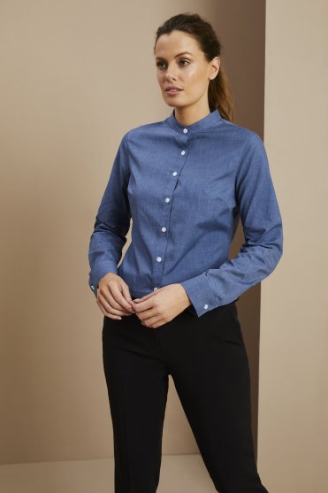 Classic Women's Long Sleeve Grandad Collar Shirt, Denim-Look Blue
