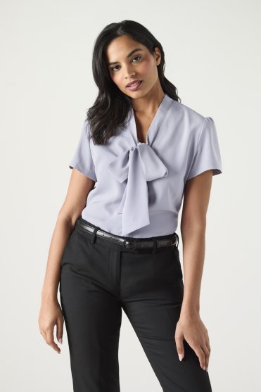 SJ Women's Low Tie Neck Blouse, Pale Grey