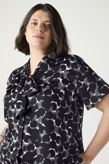 SJ Women's Low Tie Neck Print Blouse, Black/White Etched Spot