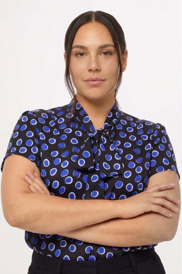 SJ Women's Low Tie Neck Print Blouse, Blue Circles