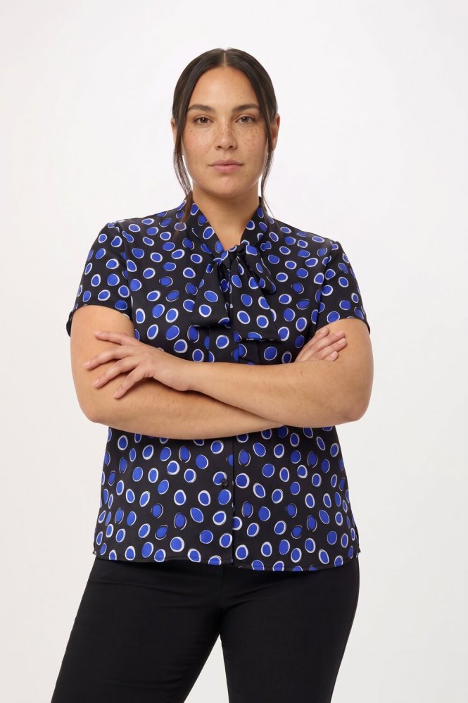 SJ Women's Low Tie Neck Print Blouse, Blue Circles