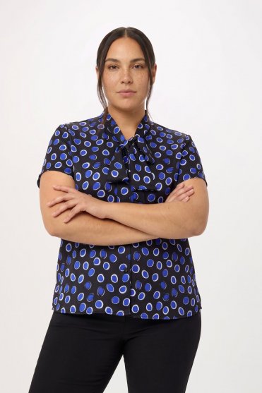 SJ Women's Low Tie Neck Print Blouse, Blue Circles