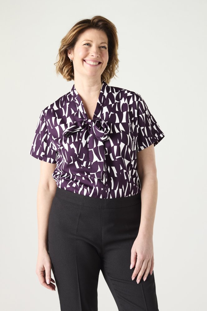SJ Women's Low Tie Neck Print Blouse, Plum Shard