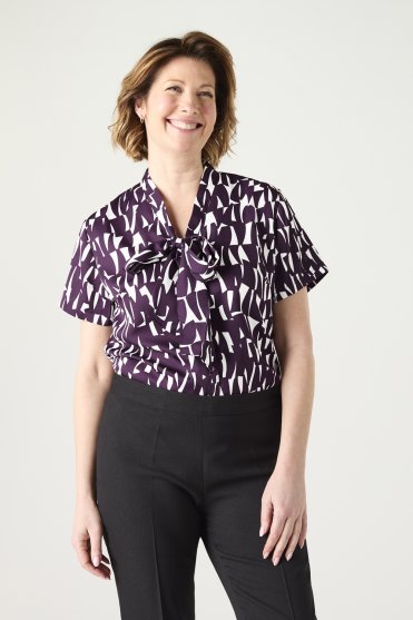 SJ Women's Low Tie Neck Print Blouse, Plum Shard
