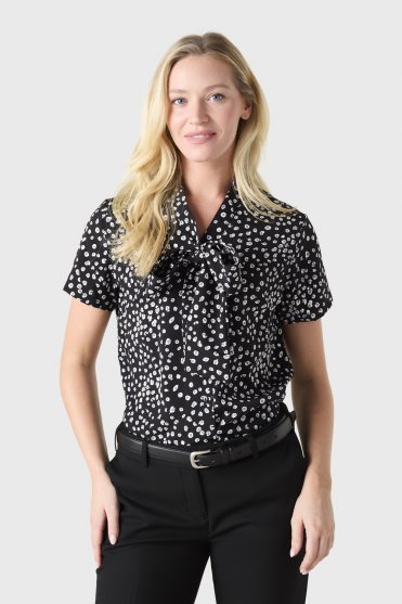 SJ Women's Low Tie Print Blouse Black Abstract Spot