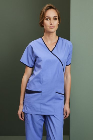 SJ Women's Mock Wrap Scrub Top, Metro Blue/Navy