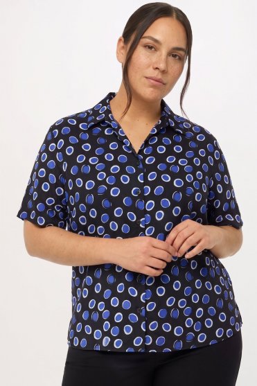 SJ Women's Open Collar Print Blouse, Blue Circle