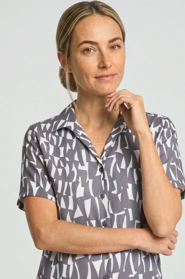 SJ Women's Open Collar Print Blouse, Grey Shard
