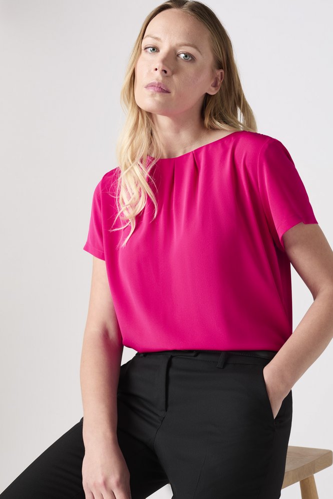 SJ Women's Pleat Neck Blouse, Hot Pink