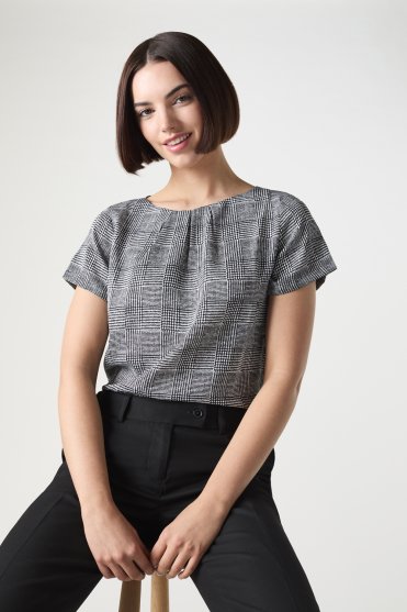 SJ Women's Pleat Neck Blouse, Prince of Wales Check