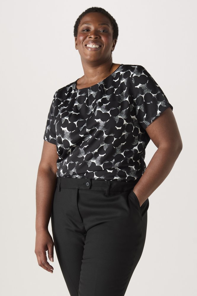 SJ Women's Pleat Neck Print Blouse, Black/White Etched Spot