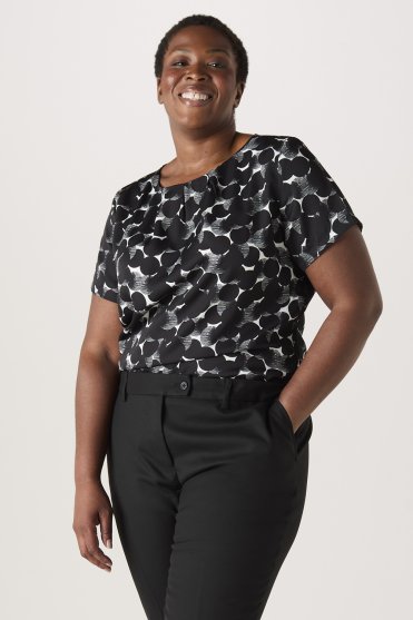 SJ Women's Pleat Neck Print Blouse, Black/White Etched Spot
