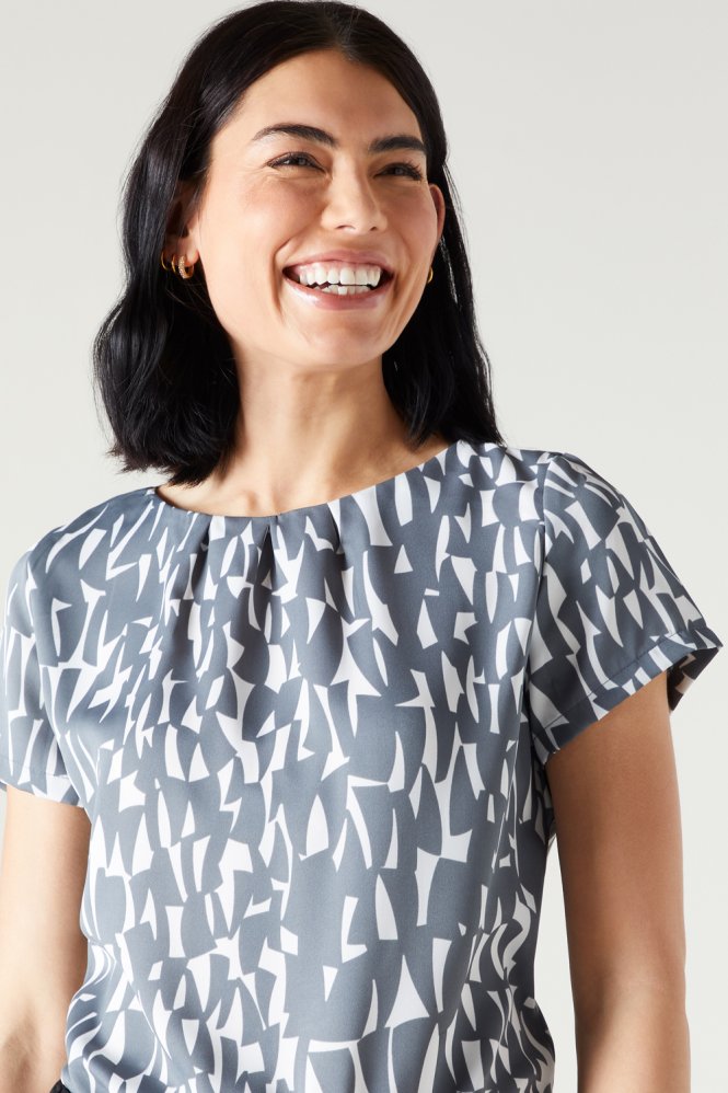 SJ Women's Pleat Neck Print Blouse, Grey Shard