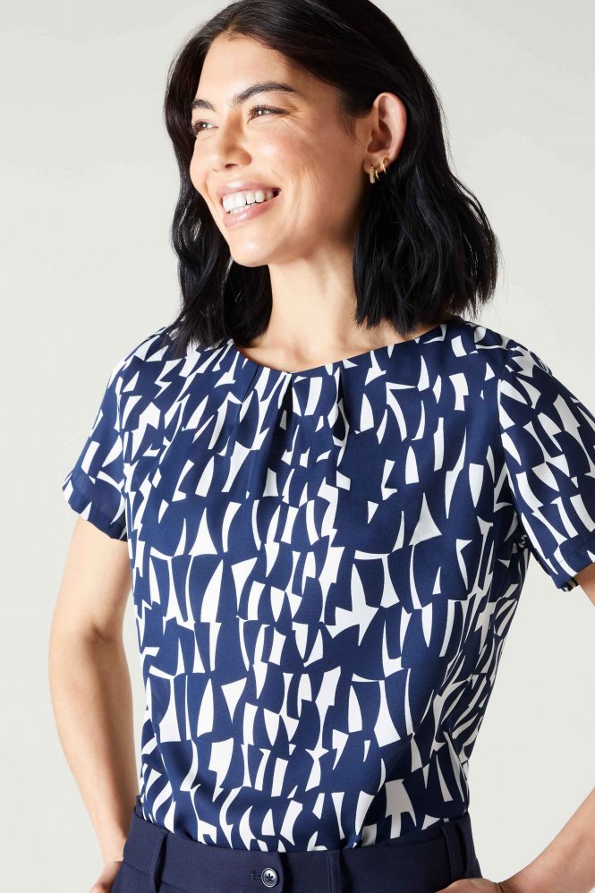 SJ Women's Pleat Neck Print Blouse, Navy Shard