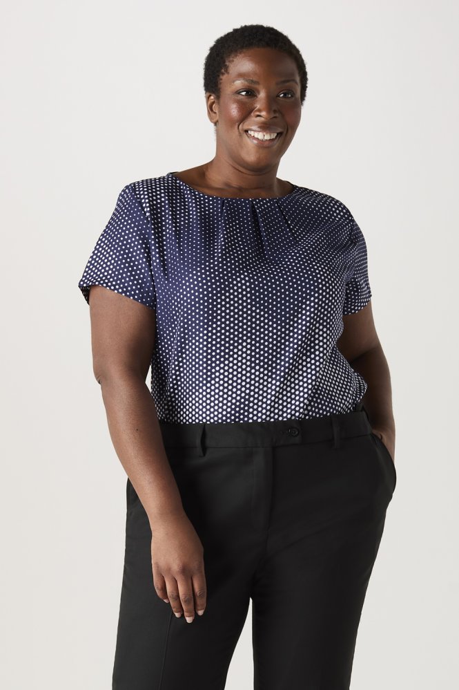 SJ Women's Pleat Neck Print Blouse, Navy/White Chevron Spots
