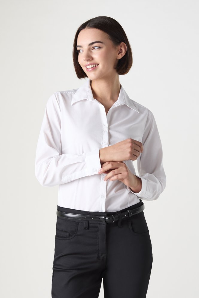 SJ Women's Polycotton Long Sleeve Open Collar Blouse, White