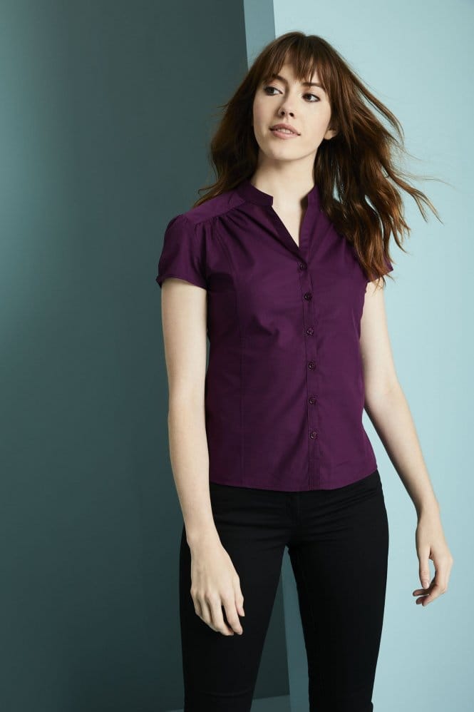 SJ Women's Puff Sleeve Mandarin Collar Shirt, Plum