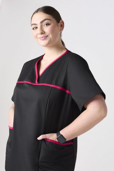 SJ Women's Semi-Fitted Pull-On Scrub Top, Black/Pink