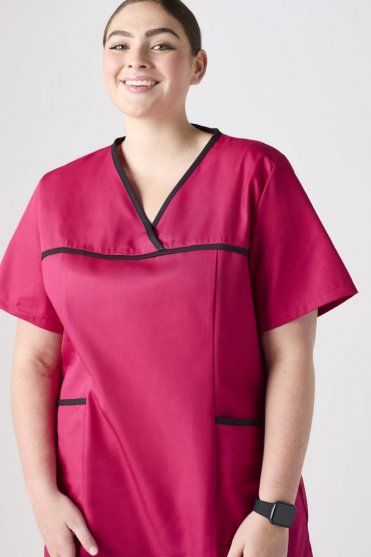 SJ Women's Semi-Fitted Pull-On Scrub Top, Pink/Black