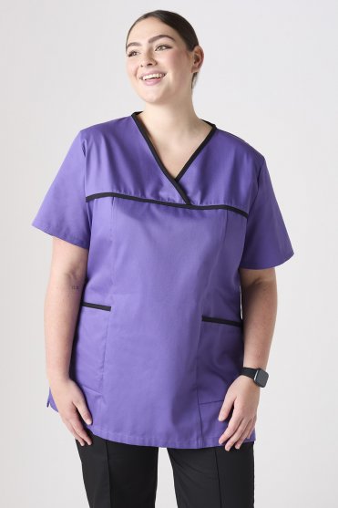 SJ Women's Semi-Fitted Pull-On Scrub Top, Purple/Black