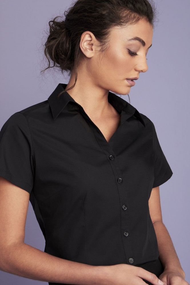 SJ Women's Short Sleeve Open Collar Shirt, Black