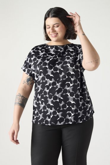 SJ Women's Slash Neck Print Blouse, Black/White Etched Spot