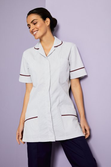 SJ Women's Striped Healthcare Tunic, Pale Grey Stripe with Red Trim