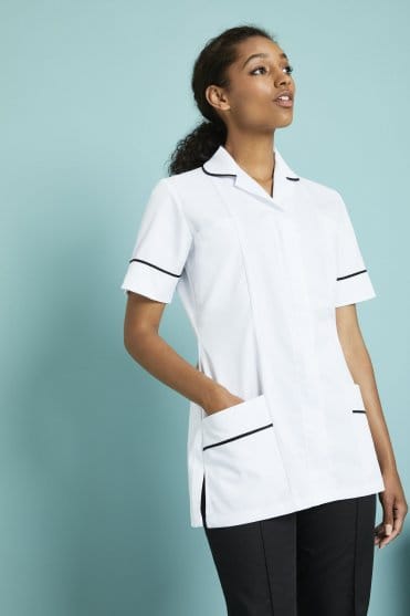 SJ Women's White Healthcare Tunic, White with Black Trim